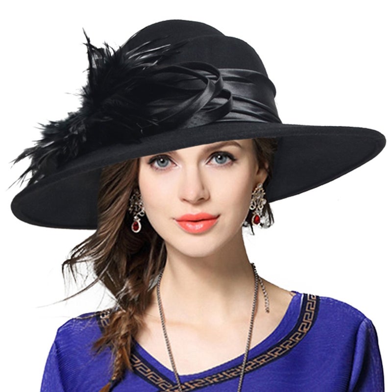 VECRY Ladies 100% Wool Felt Feather Cocktail British Formal Party Hat (Black) - Image 1